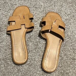 Tan Croc-Embossed Slide Sandals